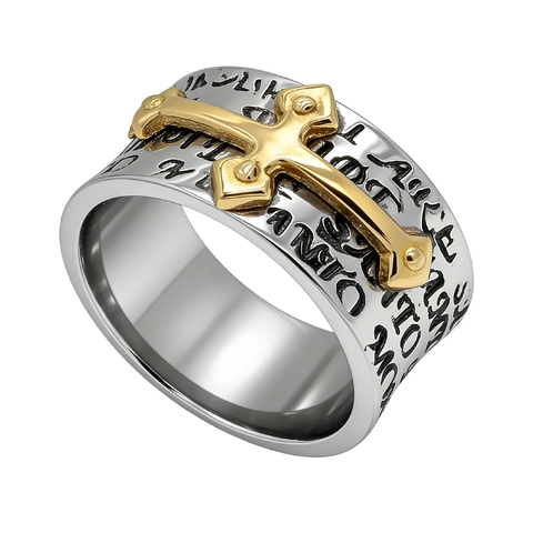 Stainless Steel Vintage Cross Ring For Men Retro Religious Scripture Engraved Two Tone Silver Gold Band Jewelry Gift