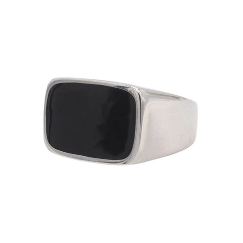 Anello a Sigillo da Uomo Minimalista in Acciaio Inossidabile con Intarsio in Smalto Nero Rettangolare Fascia Argento Lucida