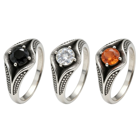 Retro Titanium Steel Ring For Women Distressed Geometric Band Round Rhinestone Inlaid Gothic Boho Finger Ring Jewelry