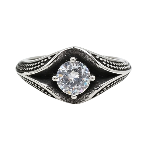 Retro Titanium Steel Ring For Women Distressed Geometric Band Round Rhinestone Inlaid Gothic Boho Finger Ring Jewelry
