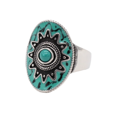 Vintage Boho Titanstahl Ring Für Damen Retro Ethno-Stil Oval Künstlicher Türkis Sternmuster Finger Schmuck