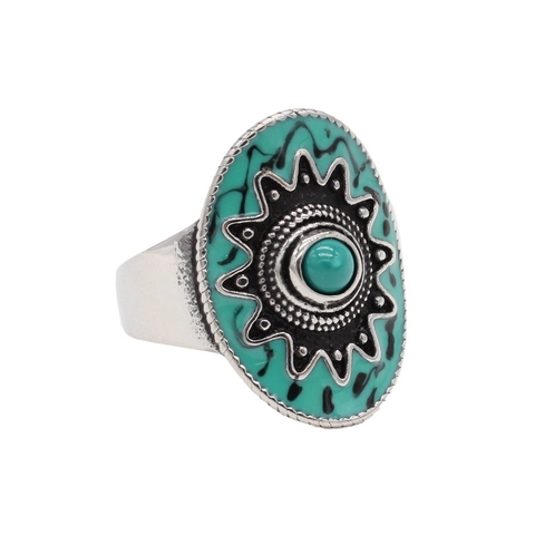 Vintage Boho Titanstahl Ring Für Damen Retro Ethno-Stil Oval Künstlicher Türkis Sternmuster Finger Schmuck