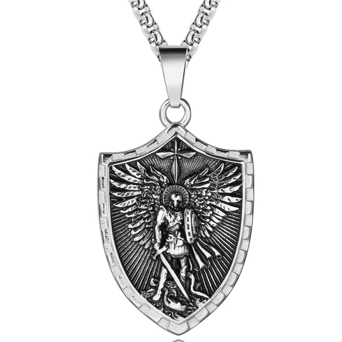 Retro Archangel Michael Shield Pendant Necklace Men Titanium Steel Cross Angel Warrior Relief Fashion Gothic Jewelry