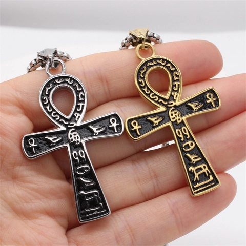Collana con Ciondolo a Croce Ankh Antico Egitto Vintage per Uomo in Acciaio Inossidabile Geroglifici Smalto Gioielli Oro Acciaio