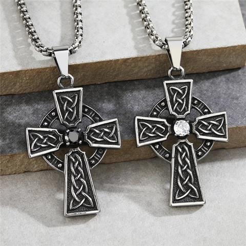 Vintage Titanium Steel Celtic Cross Pendant For Men Retro Distressed Celtic Knot Pendant Only Without Chain Rhinestone Inlaid Gothic Necklace Pendant Jewelry