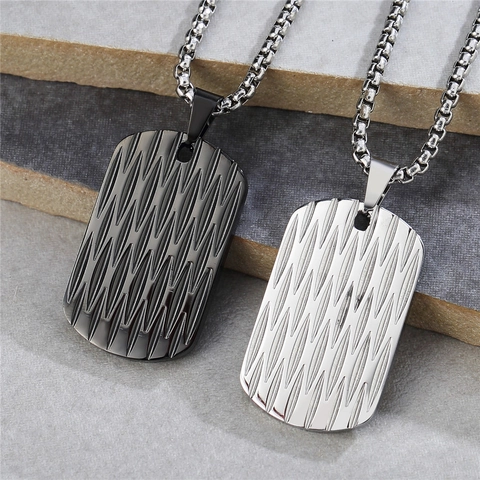 Men's Stainless Steel Geometric Dog Tag Pendant Only Minimalist Engraved Sawtooth Pattern Black Silver Industrial Punk Jewelry Without Chain