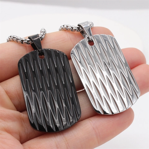 Men's Stainless Steel Geometric Dog Tag Pendant Only Minimalist Engraved Sawtooth Pattern Black Silver Industrial Punk Jewelry Without Chain