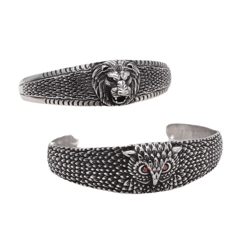 Vintage Lion Head Owl Titanium Steel Open Cuff Bracelet For Men Retro Stainless Steel Animal Embossed Rhinestone Bangle Jewelry Gift