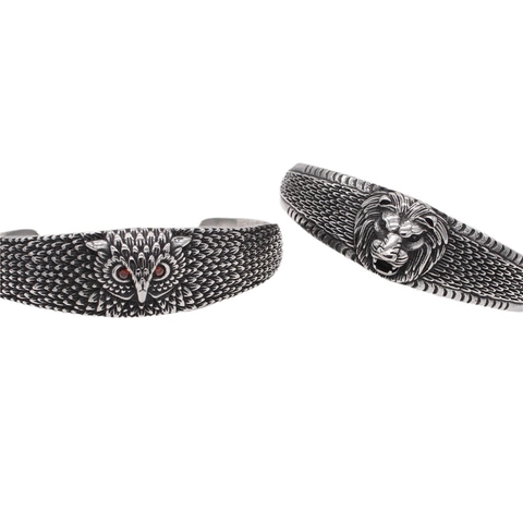 Vintage Lion Head Owl Titanium Steel Open Cuff Bracelet For Men Retro Stainless Steel Animal Embossed Rhinestone Bangle Jewelry Gift