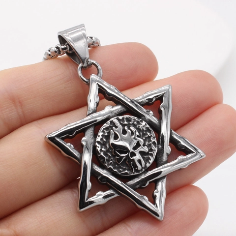 Collar con Colgante de Hexagrama Calavera y Llama de Acero de Titanio para Hombre Joyería Estilo Punk Gótico Colgante Solo Sin Cadena