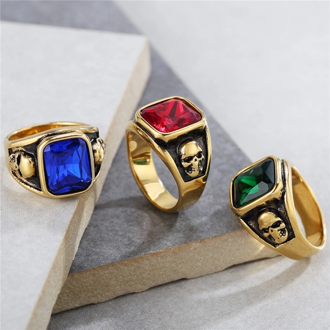 Vintage Gotische Schedel Ring Voor Mannen Titaniumstaal Verguld Rechthoekige Strass Punk Rock Mode Statement Sieraden