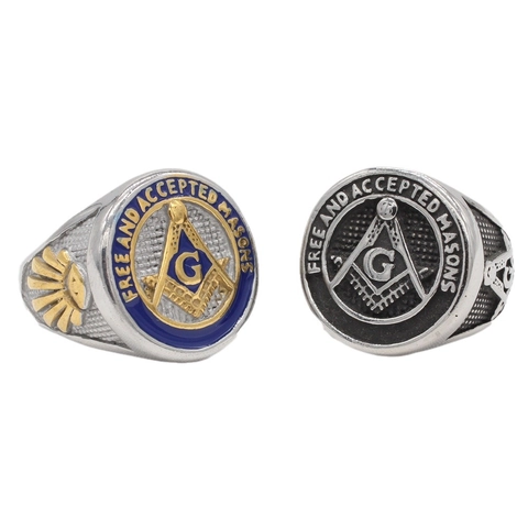 Anello Sigillo Massonico Vintage per Uomo Acciaio Inossidabile Bussola Squadra Simbolo G Smalto Blu Retro Biker Gioielli