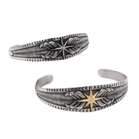 Vintage Titanium Steel Feather Star Open Cuff Bracelet For Men Ethnic Indian Style Carved Pattern Jewelry Gift