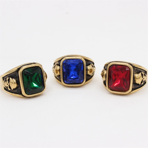 Vintage Gotische Schedel Ring Voor Mannen Titaniumstaal Verguld Rechthoekige Strass Punk Rock Mode Statement Sieraden