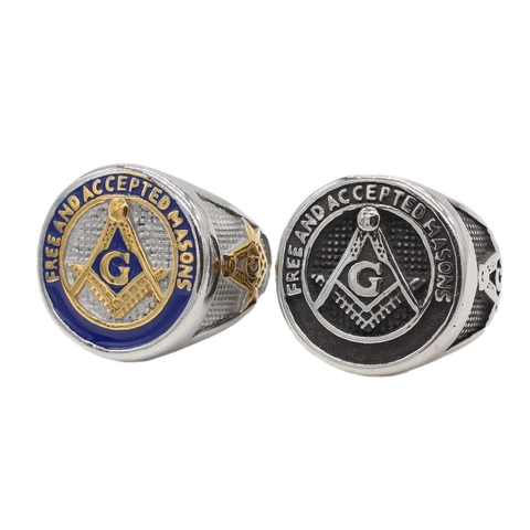 Anello Sigillo Massonico Vintage per Uomo Acciaio Inossidabile Bussola Squadra Simbolo G Smalto Blu Retro Biker Gioielli