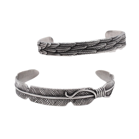 Bracelet Jonc pour Hommes en Acier Titane Plume Rétro Personnalité Argent Oxydé Tissé Bracelet Ouvert Bijoux Punk Bohème