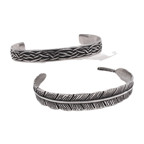 Bracelet Jonc pour Hommes en Acier Titane Plume Rétro Personnalité Argent Oxydé Tissé Bracelet Ouvert Bijoux Punk Bohème