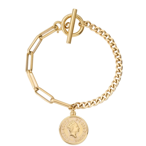 Bracciale Vintage Con Pendente Moneta Regina Elisabetta II Per Donna Acciaio Al Titanio Catena Asimmetrica Chiusura A Scomparsa Gioielli