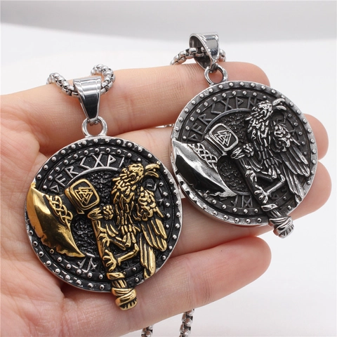 Vintage Viking Axe Crow Pendant Only Stainless Steel Men Runic Amulet Round Pendant Without Chain Retro Nordic Jewelry