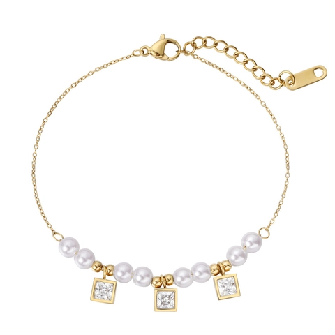Bracciale in Acciaio al Titanio per Donna Perla Artificiale Strass Quadrato Intarsiato Gioielli Moda Catena di Estensione Regolabile Oro Argento Oro Rosa