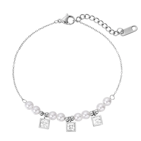 Bracciale in Acciaio al Titanio per Donna Perla Artificiale Strass Quadrato Intarsiato Gioielli Moda Catena di Estensione Regolabile Oro Argento Oro Rosa