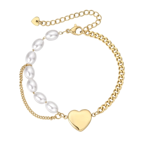Bracelet Femme en Acier Titane avec Perles Artificielles Pendentif Cœur Chaîne Gourmette Bijoux Mode Accessoire