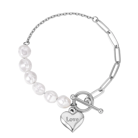 Bracciale Patchwork in Acciaio al Titanio e Perla Artificiale Donna Oro Acciaio Ciondolo Cuore Lettera Love Chiusura Toggle