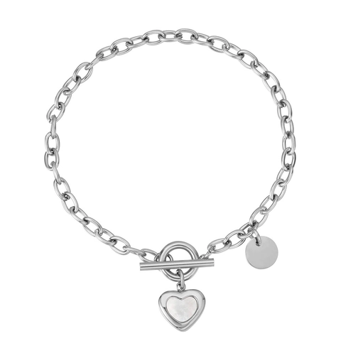 Bracciale a Cuore in Acciaio al Titanio Minimalista Intarsio in Madreperla Bianca Chiusura a T Ciondolo Rotondo Gioielli da Donna