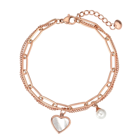 Braccialetto Doppio Strato in Acciaio al Titanio per Donna Moda Cuore Conchiglia Pendente Perla Artificiale Gioielli