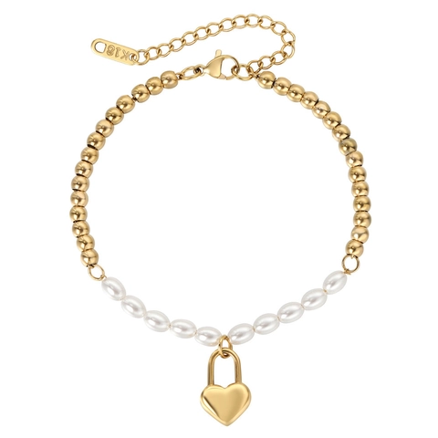 Bracciale da Donna in Acciaio al Titanio con Perline e Perle Artificiali Pendente a Cuore Minimalista Placcato Oro Regolabile Gioielli