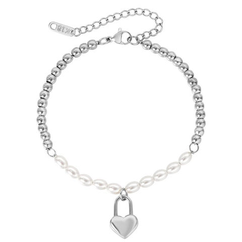 Bracciale da Donna in Acciaio al Titanio con Perline e Perle Artificiali Pendente a Cuore Minimalista Placcato Oro Regolabile Gioielli