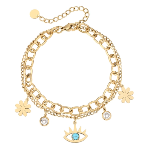 Pulsera de Capas de Ojo Turco de Acero de Titanio Bohemio para Mujer Cadena Cubana de Doble Capa con Dijes de Flor de Margarita y Strass