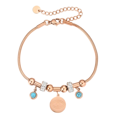 Pulsera de Acero de Titanio con Mal de Ojo de Diseño de Nicho para Mujer Pulsera Ajustable de Cadena de Hueso de Serpiente de Estrás con Cuentas de Turquesa