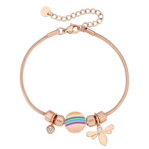 Bracciale da Donna in Acciaio al Titanio con Ciondolo Ape Perla a Righe Arcobaleno Strass Intarsiato Catena a Serpente Gioielli Regalo