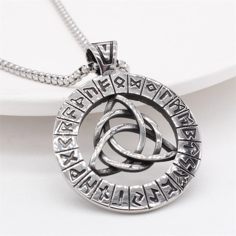 Vintage Viking Rune Circle Pendant Necklace For Men Titanium Steel Triquetra Celtic Knot Nordic Rune Symbol Jewelry Gift