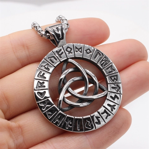 Vintage Viking Rune Circle Pendant Necklace For Men Titanium Steel Triquetra Celtic Knot Nordic Rune Symbol Jewelry Gift