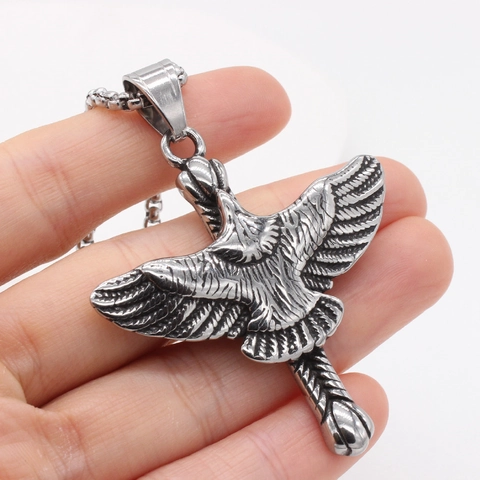 Vintage Titanium Steel Eagle Cross Pendant Necklace For Men Retro Distressed Eagle Wing Pave Heavy Metal Punk Jewelry Gift