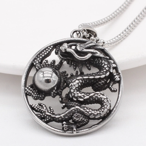 Collana con Ciondolo Drago Cinese in Acciaio Inossidabile Vintage per Uomo Retro Girocollo Cavo Drago che Gioca con la Perla