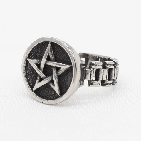 Anillo de Hombre Vintage Pentagrama Estrella Acero de Titanio Gótico Punk Industrial Banda de Cadena Retro Oxidado Joyería