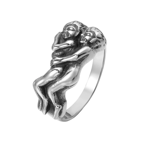 Retro Personalisierter Paar Umarmung Titanstahl Ring Künstlerische Doppel Figur Relief Skulptur Distressed Band Schmuck Für Herren Damen