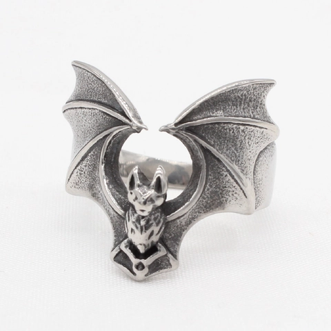 Anello Pipistrello Gotico per Uomo Acciaio Inossidabile Retro Punk Animale Avvolgente Halloween Party Vintage Argento Ossidato Gioielli Regalo
