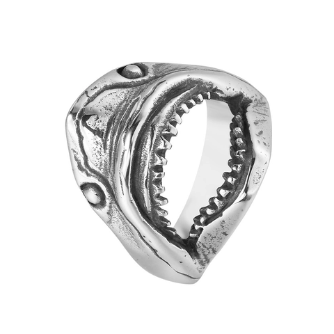 Anillo de Cabeza de Tiburón de Acero Inoxidable Vintage para Hombre Punk Gótico Boca de Tiburón Dientes Abiertos Joyería de Plata