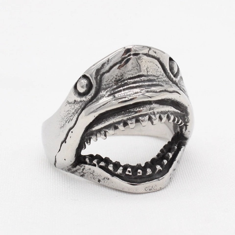 Anillo de Cabeza de Tiburón de Acero Inoxidable Vintage para Hombre Punk Gótico Boca de Tiburón Dientes Abiertos Joyería de Plata