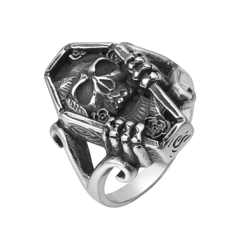Herren Edelstahl Gotisch Totenkopf Sarg Ring Vintage Silber Farbe Distressed Punk Biker Skelett Hand Rose Finger Schmuck