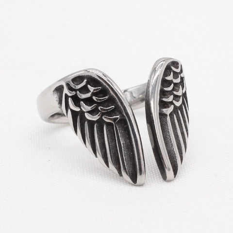 Anillo de Alas de Ángel de Acero de Titanio Vintage para Hombre Textura de Pluma Desgastada Anillo de Banda Punk Gótico Joyería