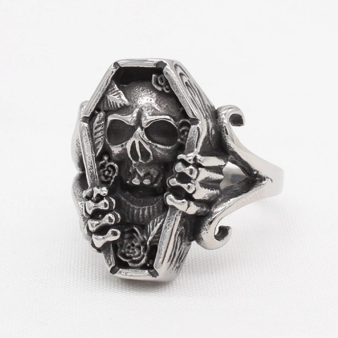 Herren Edelstahl Gotisch Totenkopf Sarg Ring Vintage Silber Farbe Distressed Punk Biker Skelett Hand Rose Finger Schmuck