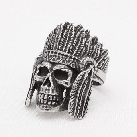 Anillo de Acero de Titanio para Hombre Retro Gótico Indio Calavera Pluma Envejecido Biker Punk Joyería de Moda Regalo