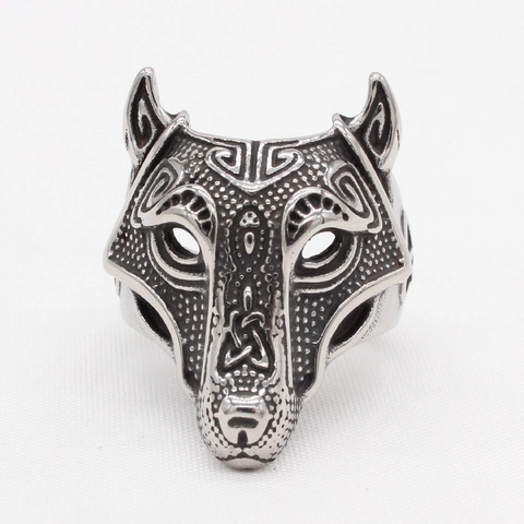Anillo de Acero de Titanio con Cabeza de Lobo Vikingo Vintage para Hombre Nudo Celta Tallado Punk Rock Gótico Animal Totem Joyería Biker Regalo