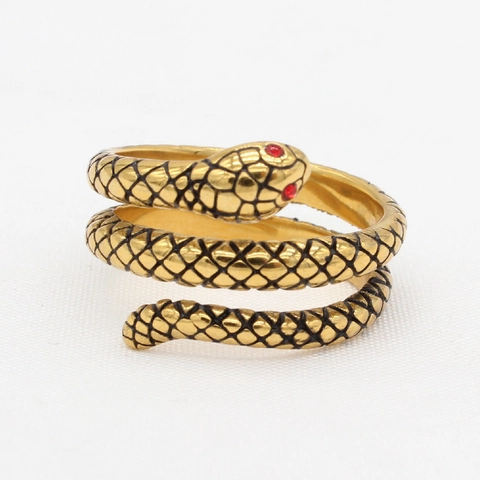 Vintage Punk Titanium Steel Snake Wrap Ring For Men Red Rhinestone Eye Scale Texture Gothic Electroplated Jewelry Band Ring