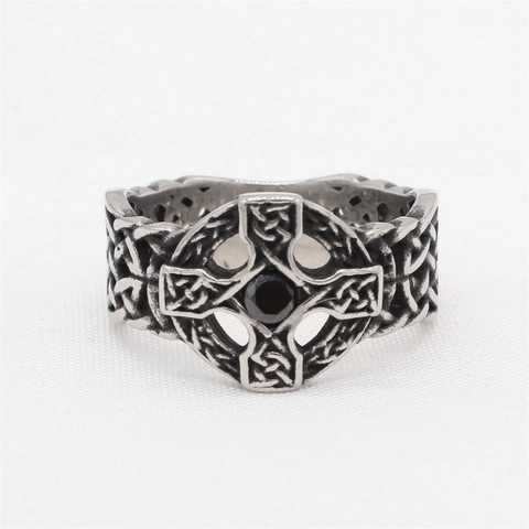 Vintage Stainless Steel Celtic Cross Ring For Men Black Rhinestone Inlaid Gothic Braided Oxidized Band Jewelry Gift